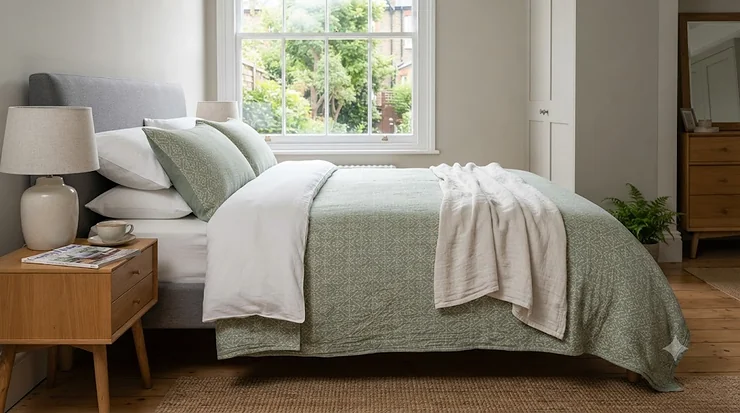 A beautifully styled British bedroom featuring a lightweight summer bedspread in crisp white cotton summer bedspread