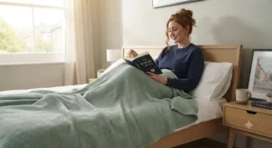 A person relaxing in bed reading a book, staying cool and dry under a temperature-regulating blanket during a heatwave.
