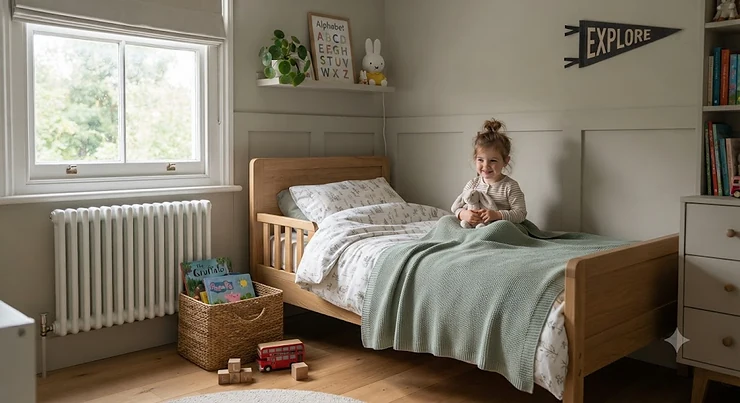 Soft cotton toddler bed blanket draped over a cot bed in a modern British nursery. toddler bed blanket