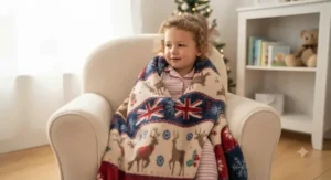 Toddler wrapped warmly in a festive winter blanket while reading a Christmas storybook.