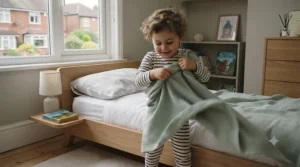Happy toddler independently pulling up their lightweight cover, easing the transition from cot to a big toddler bed.