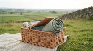 A rolled-up lightweight blanket under £20 packed neatly in a picnic basket for an outdoor day trip in the UK countryside.