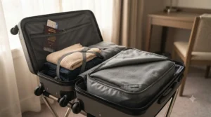 An open suitcase showing packing organisation with a compact, folded lightweight travel blanket tucked neatly into a packing cube.