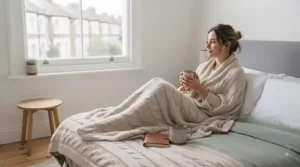 Person wrapped up warmly in a cost-effective fleece blanket relaxing in a chilly room