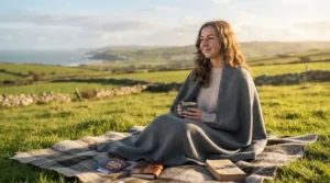 A durable, water-resistant lightweight travel blanket spread out on the grass during a weekend camping trip in the countryside.