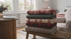 A person relaxing on a sofa wrapped in a soft, festive throw during a cold winter evening in the UK.