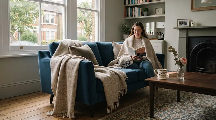 Luxurious British-made all season blanket draped over a cozy neutral-toned sofa in a modern UK living room. all season blanket