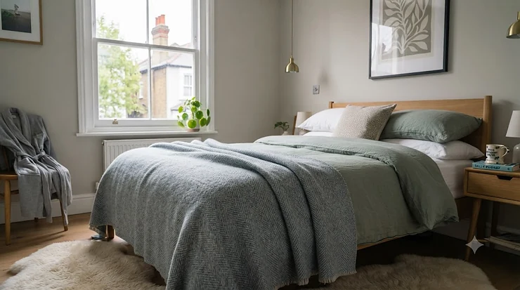 An all-season blanket draped over a cosy bed in a modern British bedroom, showcasing lightweight warmth and versatile home styling for all year round. all season blanket under £40