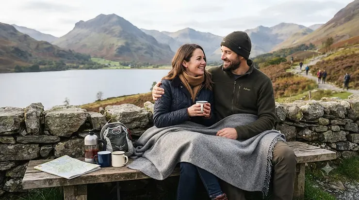 A couple enjoying a scenic view in the British countryside wrapped in a warm all season blanket for travel. all season blanket for travel