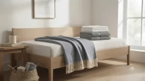 A stylishly dressed British guest bedroom featuring an all-season blanket as a practical and decorative finishing touch.