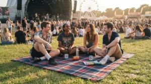 Festival-goers relaxing on a durable, affordable outdoor picnic blanket during a sunny afternoon event.[cite: 9]