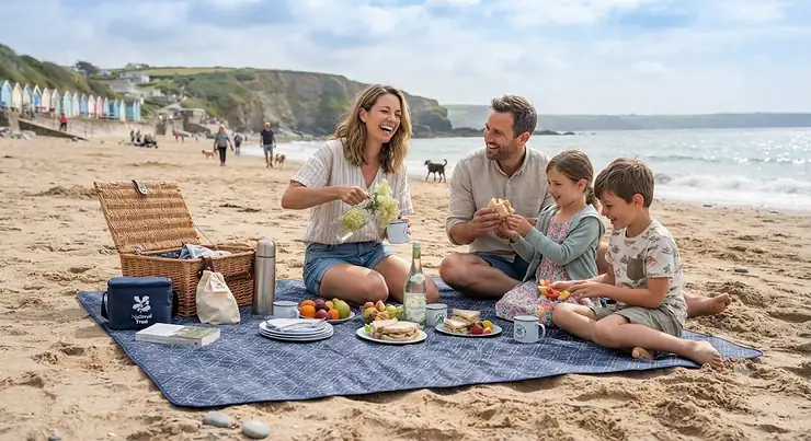Waterproof picnic blanket spread on a British sandy beach with a seaside view, ideal for coastal days out. picnic blanket for beach outings