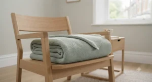 Neatly folded lightweight summer cooling blanket resting on an armchair in a bedroom.