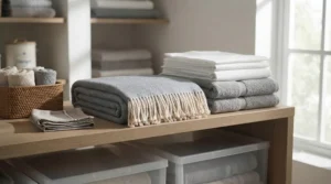 Neatly stacked budget-friendly bedding items featuring an affordable all-season blanket folded with matching cushions.