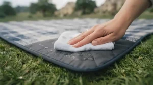 Someone wiping down the waterproof backing of a picnic blanket with a damp cloth after a park day.