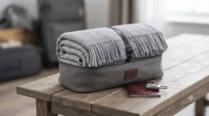 A portable all season blanket for travel packed inside its compact zipped storage pouch next to a passport.