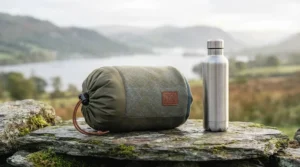A compact packable camping blanket compressed inside its lightweight stuff sack next to a reusable water bottle for scale.