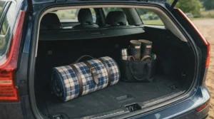 A folded picnic rug stored neatly next to car boot essentials for a weekend road trip.