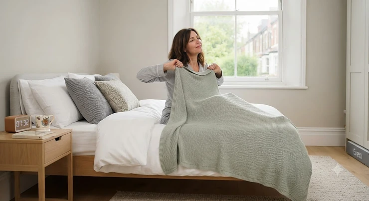 Woman sleeping comfortably under a breathable cooling blanket designed to manage menopause night sweats. cooling blanket for menopause