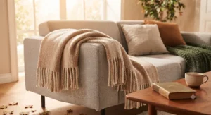 A cosy living room set up for autumn with a warm, textured multi-season throw layered on a plush sofa next to a soft wool cushion.
