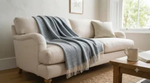 A thick, cosy winter throw blanket draped across a living room sofa, highlighting snug layering during colder months.