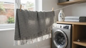 A machine-washable all season blanket for travel hanging on a washing line to dry.