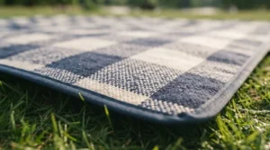 Soft, durable fleece surface texture of a large picnic rug designed for comfortable outdoor lounging in British weather.