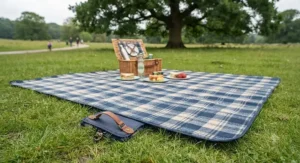 Festival-goers sitting on a durable foldable picnic blanket at an outdoor summer event in the UK.
