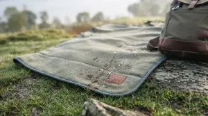A durable packable camping blanket used directly on damp grass, showing a moisture-proof backing ideal for wild camping.