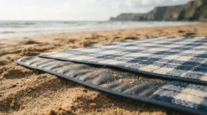 A heavy-duty picnic rug laid on sand at a coastal beach, showing sand-resistant material.