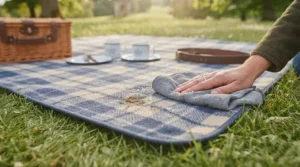 A damp cloth wiping clean the mud-resistant surface of a durable picnic blanket gift set after a day outdoors