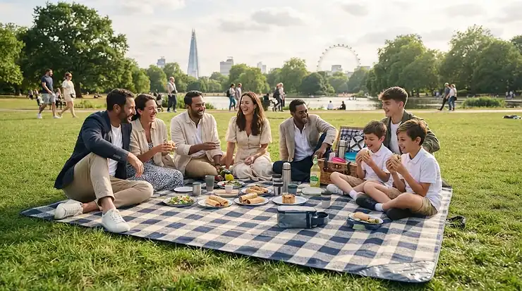 An extra large picnic blanket for groups spread out on green grass in a British park, comfortably seating a family with food and baskets. extra large picnic blanket for groups