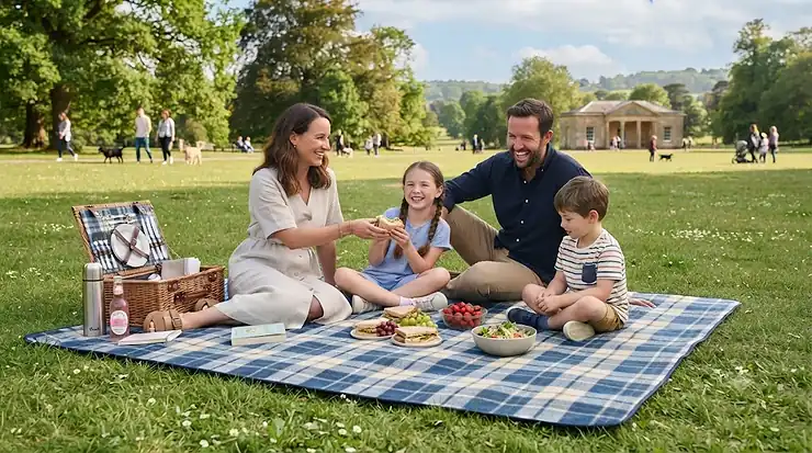 A family of four sitting comfortably with children and a picnic lunch on an extra-large fleece picnic blanket. picnic blanket for families