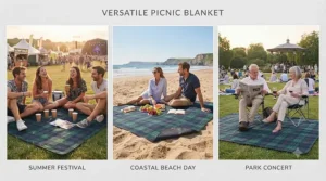 Illustration of people using waterproof picnic rugs at a UK summer festival, beach day, and outdoor cinema