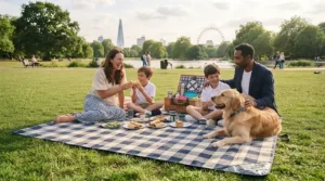 A family and their dog relaxing together on an extra large picnic blanket for groups on a sunny weekend afternoon.