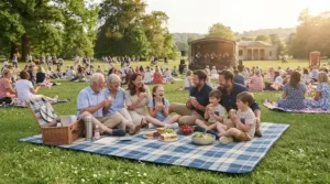 A bright, colourful tartan family picnic blanket spread out for a summer concert in a British country park.