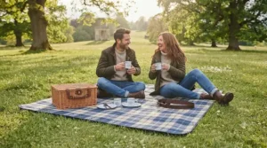 Stylish picnic blanket gift set spread out at an outdoor concert, paired with a wicker hamper and flasks