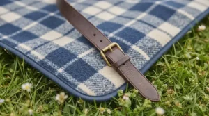 Close-up of the soft fleece surface and durable backing of a luxury picnic rug gift set showing high-quality stitching