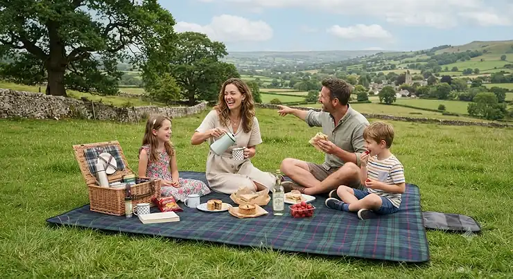 Waterproof foldable picnic blanket rolled out on lush green grass in a British country park, ideal for travel. foldable picnic blanket for travel