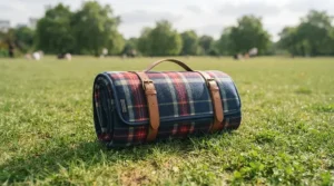 A compact, foldable picnic blanket with a convenient carrying handle, ideal for days out at the park or beach.[cite: 3]