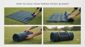 Step-by-step illustration showing how to roll up a waterproof picnic blanket using the integrated faux leather strap