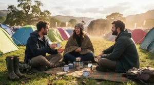 Friends sitting on a vibrant insulated camping blanket enjoying music at an outdoor summer festival in the UK countryside.