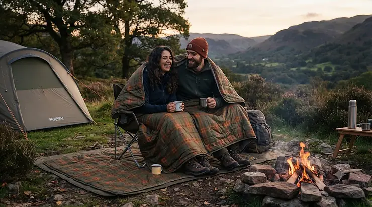 A couple sitting by a campfire in a British woodland wrapped in a waterproof insulated camping blanket, staying warm during a chilly autumn weekend. insulated camping blanket