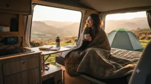 A cosy campervan interior featuring an insulated camping blanket draped over a seat on a crisp morning.