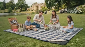 A large extra-large picnic rug accommodating a family of four with a hamper and food in a British country park.
