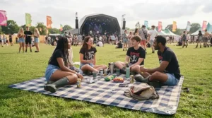 An extra large picnic blanket for groups laid out on a festival lawn under bright British summer skies.