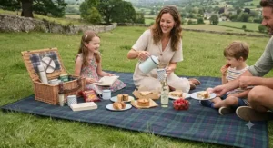 Group enjoying lunch on a large waterproof foldable picnic blanket during a countryside walk in the UK.