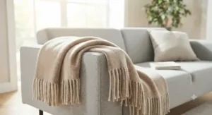 An airy, cool-to-the-touch multi-season throw casually draped over a modern sofa during a bright summer afternoon.