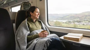 A traveller relaxing on a train using a lightweight all season blanket for travel.