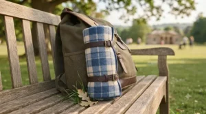 A rolled-up lightweight picnic rug packed neatly into a rucksack pocket for a countryside family walk.